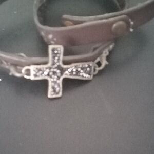 Rhinestone Cross Wrap Bracelet in Brown
